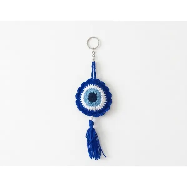 Crochet Evil Eye Key Ring for Bags & Backpacks - Blue Yarn Handmade Tassel Keychain - Traditional Protection Lucky Charm Gift - Image 2