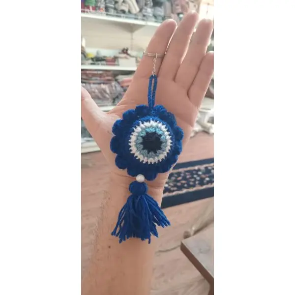 Crochet Evil Eye Key Ring for Bags & Backpacks - Blue Yarn Handmade Tassel Keychain - Traditional Protection Lucky Charm Gift - Image 3
