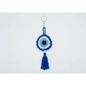 Crochet Evil Eye Key Ring for Bags & Backpacks - Blue Yarn Handmade Tassel Keychain - Traditional Protection Lucky Charm Gift