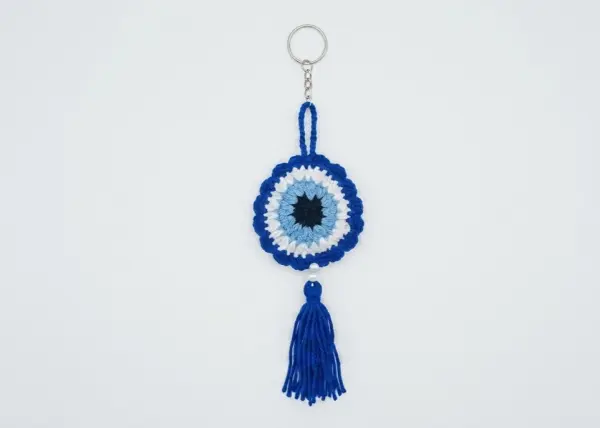 Crochet Evil Eye Key Ring for Bags & Backpacks - Blue Yarn Handmade Tassel Keychain - Traditional Protection Lucky Charm Gift