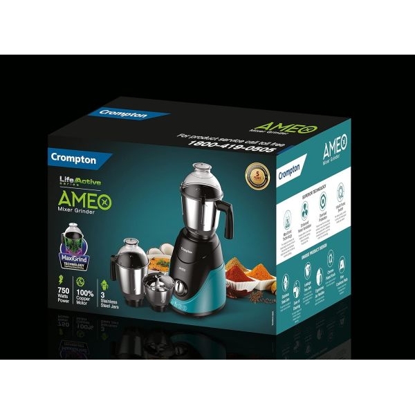 Crompton Ameo750-Watt Mixer Grinder with MaxiGrind and Motor Vent-X Technology (3 Stainless Steel Jars and 1 Juicer Jar, Black & Green) - Image 3