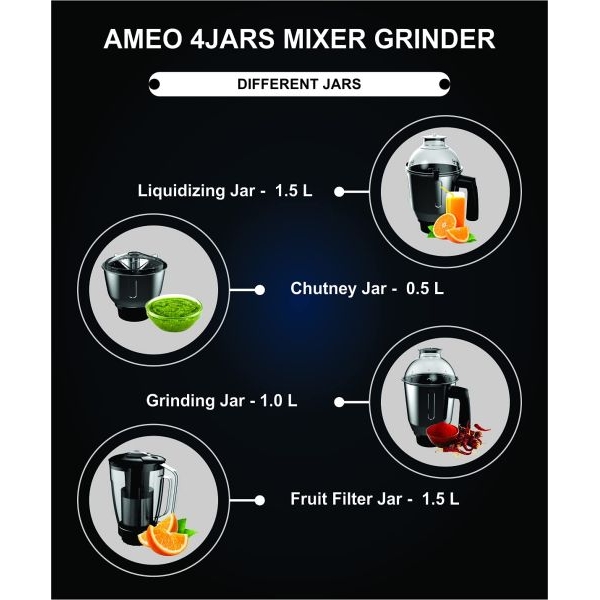 Crompton Ameo750-Watt Mixer Grinder with MaxiGrind and Motor Vent-X Technology (3 Stainless Steel Jars and 1 Juicer Jar, Black & Green) - Image 4