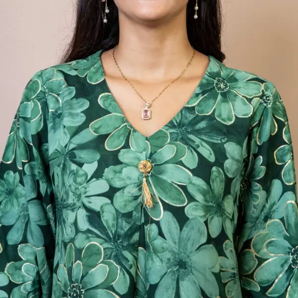 Bisesh Creation Green Single Button Umbrella Kurtha Pant Set Printed For Women - Image 3