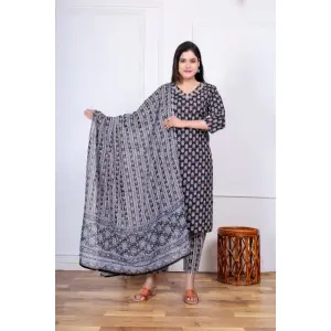 Bisesh Creation Black V-neck Floral Printed Front Pleated Kurta Pant Shawl Set For Women