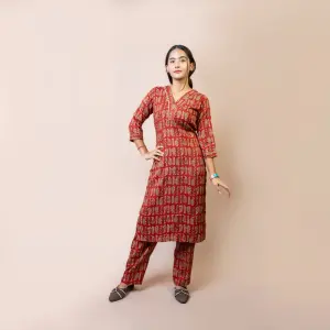 Bisesh Creation Red V-neck Lace Dhari Floral Printed Straight Kurta Pant Co-ord Set For Women