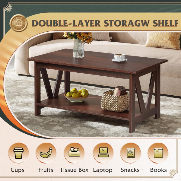 Veera Coffee Table for Living Room, 40" Center Table with V-Frame Support & Storage Shelf, 2-Tier Wood Coffee Tables for Bedroom & Balcony - Image 5