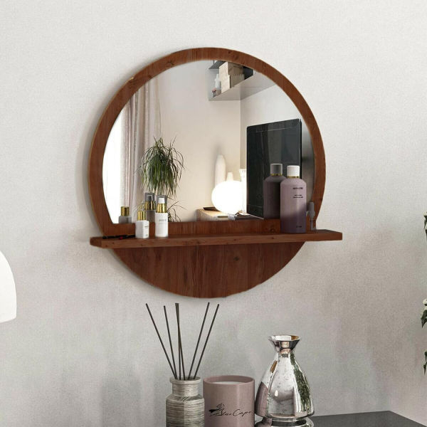 Moon Mirror Shelf Round Decorative Wall Mirror with Wooden Shelf 45 x 45 cm, Hallway Mirror, for Bedroom, Living Room, Home, Bathroom, Easy to Assemble in Walnut Brown - Image 2