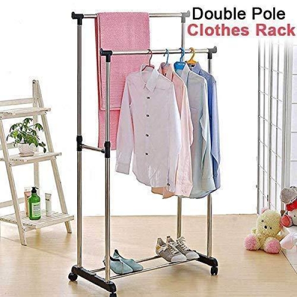Double Pole Adjustable Stainless Steel Cloth Drying Hanger And Organizer Rack With Wheel For Indoor & Outdoor - Image 2