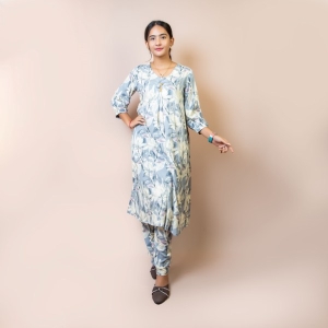 Bisesh Creation Blue Single Button Umbrella Kurtha Pant Set Printed For Women