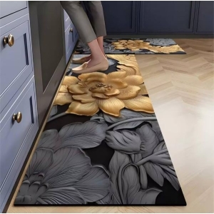 Large Size 2 Piece Set Kitchen mat, Non Slippery, Easy Clean, Water Absorbing (Grey Gold)