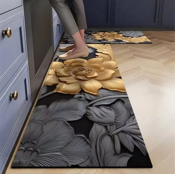 Large Size 2 Piece Set Kitchen mat, Non Slippery, Easy Clean, Water Absorbing (Grey Gold)