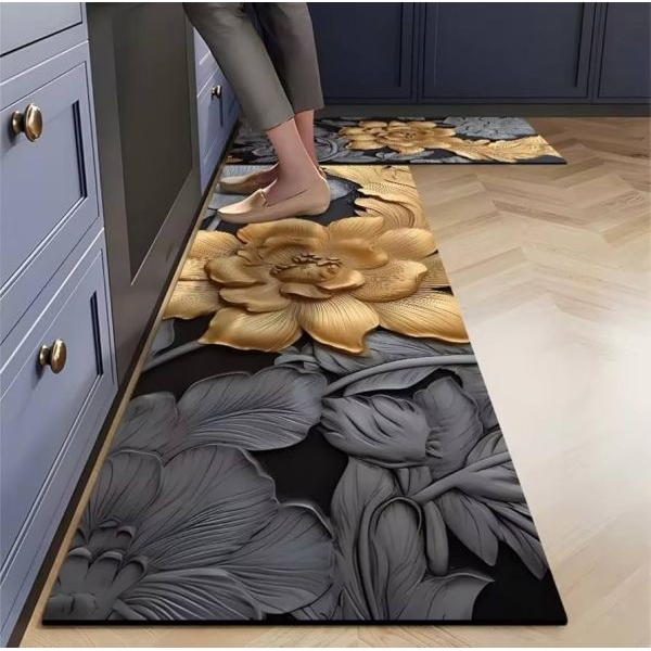 Large Size 2 Piece Set Kitchen mat, Non Slippery, Easy Clean, Water Absorbing (Gold Tile) - Image 3