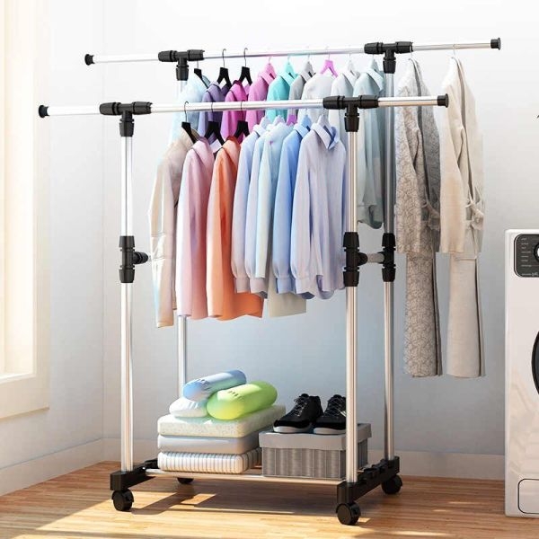 Double Pole Adjustable Stainless Steel Cloth Drying Hanger And Organizer Rack With Wheel For Indoor & Outdoor - Image 4