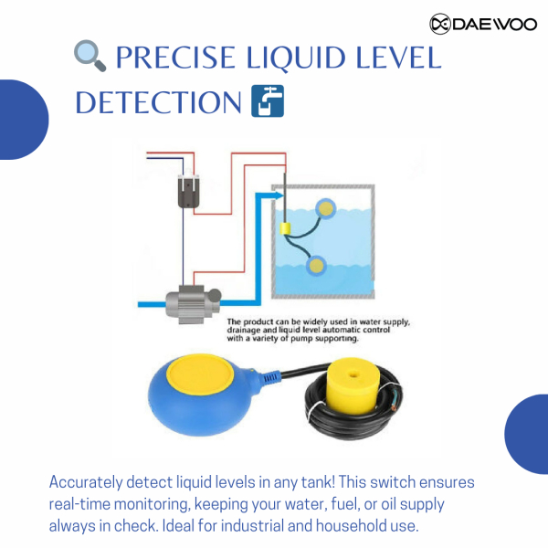 Daewoo Cable-Suspended Liquid Level Sensor | Float Switch Automatic Water Tank Controller | Cable Float Level Switch | Float Switch Sensor for Water Level Controller | Pump Control Sensor | Water Tank Level Sensor | 2M Cable Length | 250V AC - Image 2