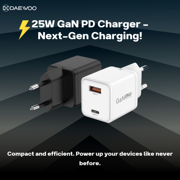 Daewoo Nippy NY821 | 25W GaN Fast Charger | Ultra-Slim Design | Type-C & USB Output | High-Speed Charging | Compact Travel Charger | Smart Charging Technology | Multi-Device Compatibility | Overheat Protection | Lightweight Power Adapter - Image 2