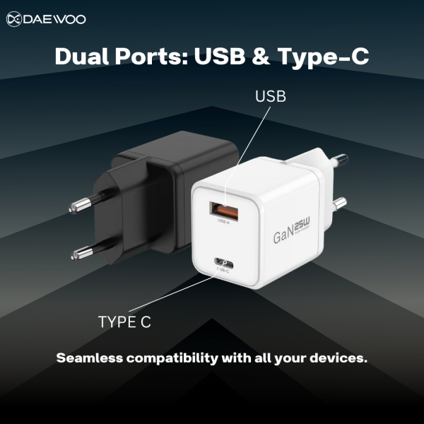 Daewoo Nippy NY821 | 25W GaN Fast Charger | Ultra-Slim Design | Type-C & USB Output | High-Speed Charging | Compact Travel Charger | Smart Charging Technology | Multi-Device Compatibility | Overheat Protection | Lightweight Power Adapter - Image 3