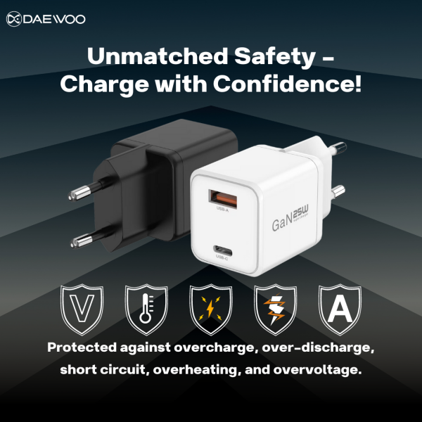 Daewoo Nippy NY821 | 25W GaN Fast Charger | Ultra-Slim Design | Type-C & USB Output | High-Speed Charging | Compact Travel Charger | Smart Charging Technology | Multi-Device Compatibility | Overheat Protection | Lightweight Power Adapter - Image 4