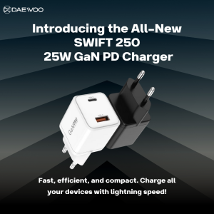 Daewoo Nippy NY821 | 25W GaN Fast Charger | Ultra-Slim Design | Type-C & USB Output | High-Speed Charging | Compact Travel Charger | Smart Charging Technology | Multi-Device Compatibility | Overheat Protection | Lightweight Power Adapter