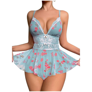 Daisy Lace Babydoll Nightwear - Women's Floral Chemise One-Piece with Lace Babydoll Lingerie Mesh Wedding Nightie Bridal Dress Honeymoon Valentine Nightdress Free Size Light Blue Color