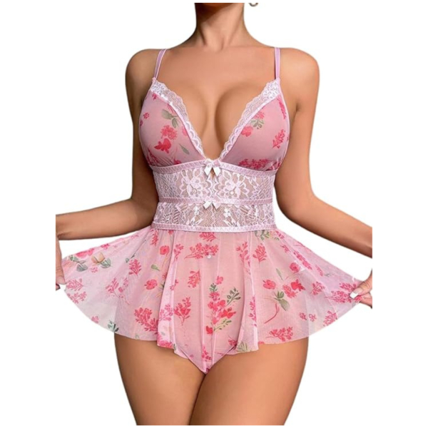 Daisy Lace Babydoll Nightwear - Women's Floral Chemise One-Piece with Lace Babydoll Lingerie Mesh Wedding Nightie Bridal Dress Honeymoon Valentine Nightdress Free Size Pink Color - Image 2