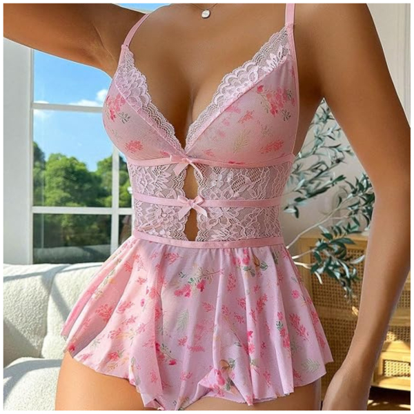 Daisy Lace Babydoll Nightwear - Women's Floral Chemise One-Piece with Lace Babydoll Lingerie Mesh Wedding Nightie Bridal Dress Honeymoon Valentine Nightdress Free Size Pink Color - Image 3