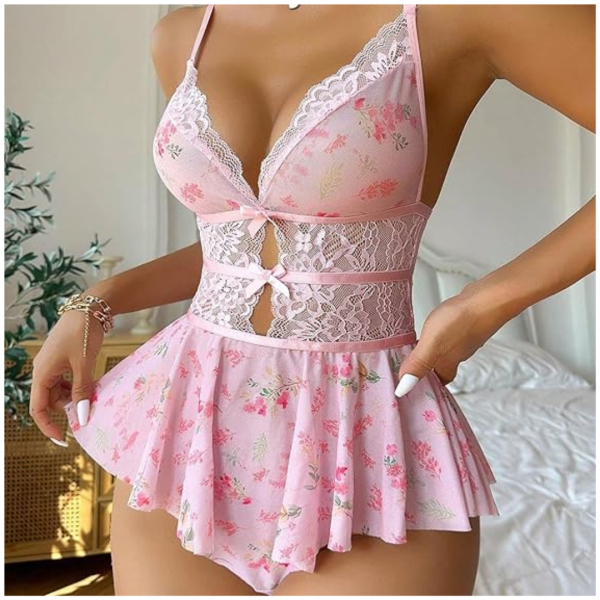 Daisy Lace Babydoll Nightwear - Women's Floral Chemise One-Piece with Lace Babydoll Lingerie Mesh Wedding Nightie Bridal Dress Honeymoon Valentine Nightdress Free Size Pink Color - Image 4
