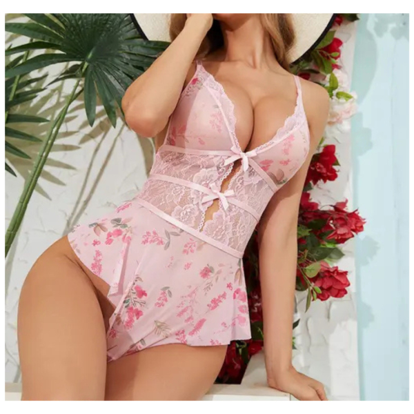 Daisy Lace Babydoll Nightwear - Women's Floral Chemise One-Piece with Lace Babydoll Lingerie Mesh Wedding Nightie Bridal Dress Honeymoon Valentine Nightdress Free Size Pink Color - Image 4