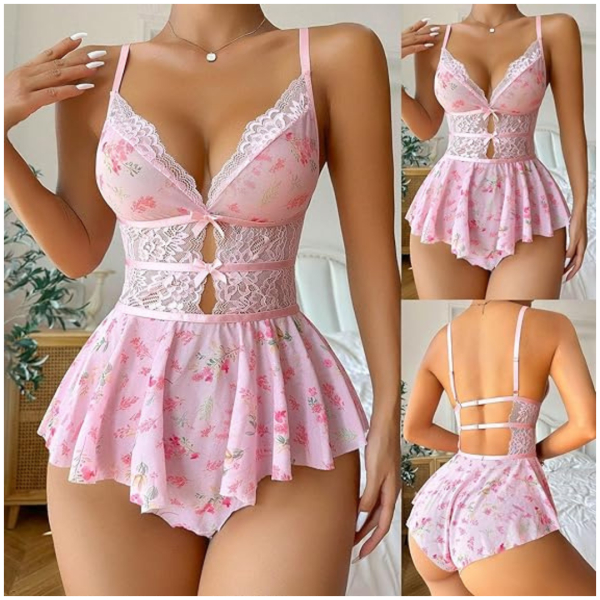 Daisy Lace Babydoll Nightwear - Women's Floral Chemise One-Piece with Lace Babydoll Lingerie Mesh Wedding Nightie Bridal Dress Honeymoon Valentine Nightdress Free Size Pink Color - Image 5