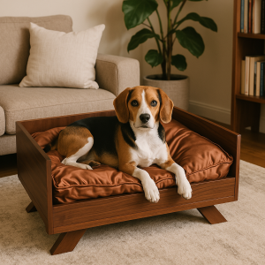 Pet Sofa Cute Dog and Cat Bed Comfortable Wooden Base and Cushion Included in Brown