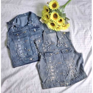 Denim Half Jacket With Pearl Work