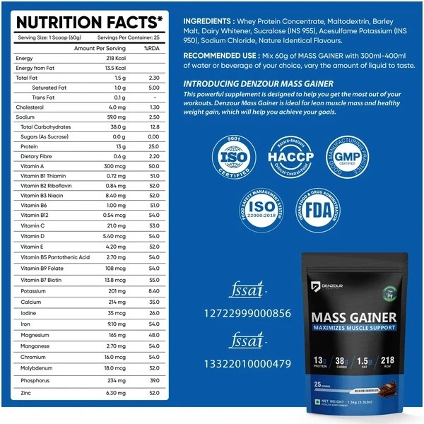 Denzour mass gainer | Chocolate Flavour | 38g Carbs & 13g Protein | Per Servings 60g (1.5kg) - Image 3