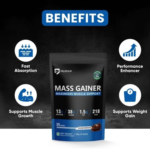 Denzour mass gainer | Chocolate Flavour | 38g Carbs & 13g Protein | Per Servings 60g (1.5kg) - Image 5