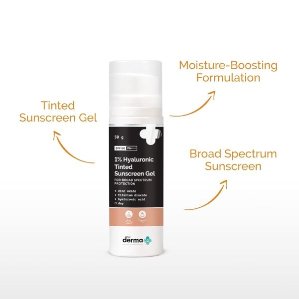Derma Co 1% Hyaluronic Tinted Sunscreen Gel with SPF 60 & PA++++ | Broad Spectrum Protection with Natural Tint | Suits Oily to Sensitive Skin | 1.76 Oz/50g - Image 2