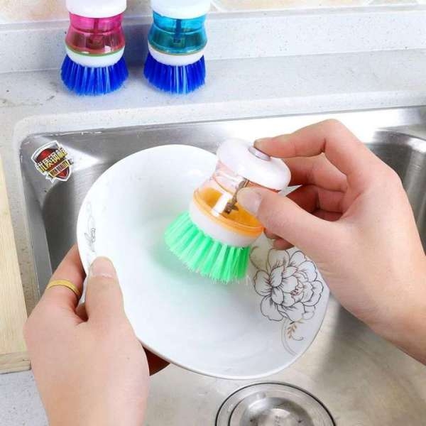 Dish/Washbasin Plastic Cleaning Brush with Liquid Soap Dispenser, Multicolour (pack of 1) - Image 4