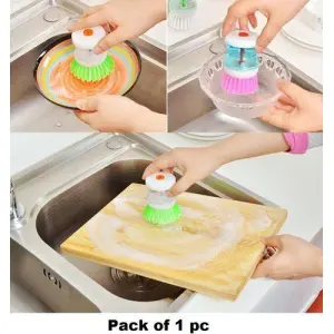Dish/Washbasin Plastic Cleaning Brush with Liquid Soap Dispenser, Multicolour (pack of 1)