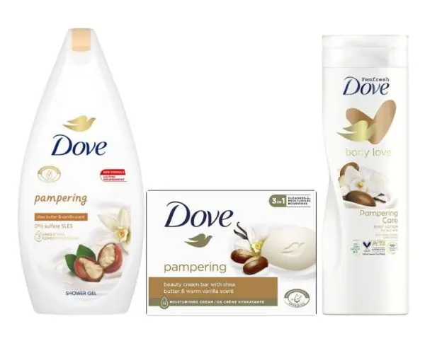 Dove Pampering Body Care Combo Moisturizer, Body Wash, And Soap