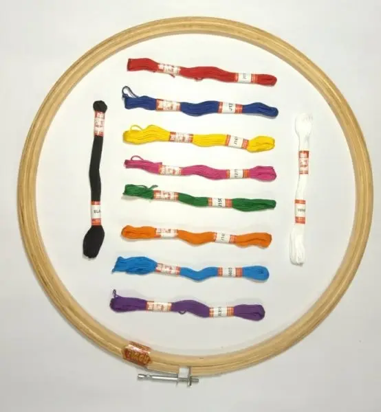 Doli Hand Embroidery Thread (SET NO.: 1) with Embroidery Wooden Frame/Ring/Chakka/Hoops 14" Kit Beautiful Premium Embroidery Cotton Threads