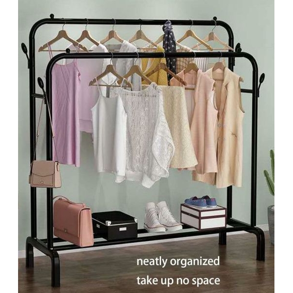 Double Metal Clothes Rack And Clothes Hanger Stand With Side Hooks And Bottom Shelves (Requires Self Assembly) - Clothes Hangers - Image 2