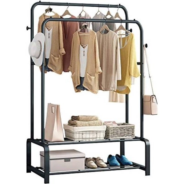 Double Metal Clothes Rack And Clothes Hanger Stand With Side Hooks And Bottom Shelves (Requires Self Assembly) - Clothes Hangers - Image 4