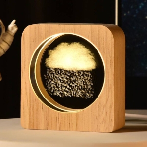 Dreamy 3D Raincloud Crystal Night Lamp Luminous Glass Art with Solid Hand Finished Beechwood LED Base