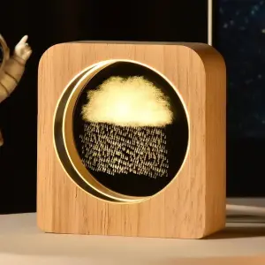 Dreamy 3D Raincloud Crystal Night Lamp Luminous Glass Art with Solid Hand Finished Beechwood LED Base