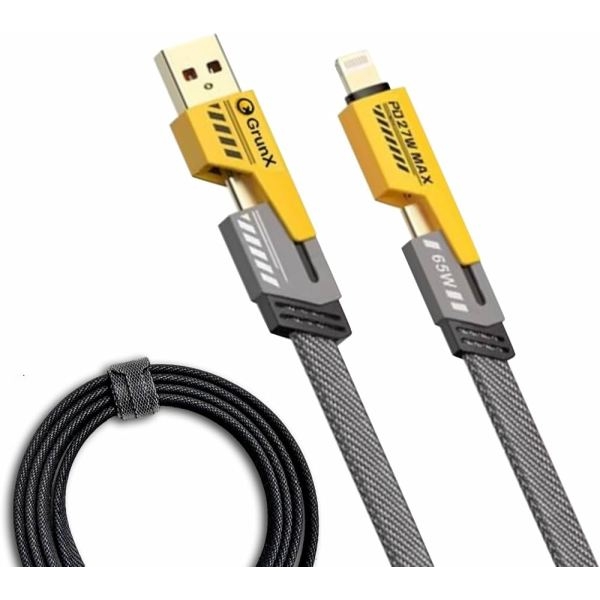 Durable 4 In 1 - 2 To 2 Fast Charging Flat 65W/ 27W Data Cable - High Speed Data Transmission - USB & TC To TC & Lightning - Image 2