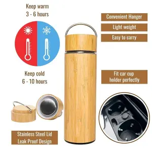 Bamboo Tea Tumbler with Tea Filters Infuser Eco Friendly Bottle Thermos Portable Stainless Steel for Hot and Cold 450ml