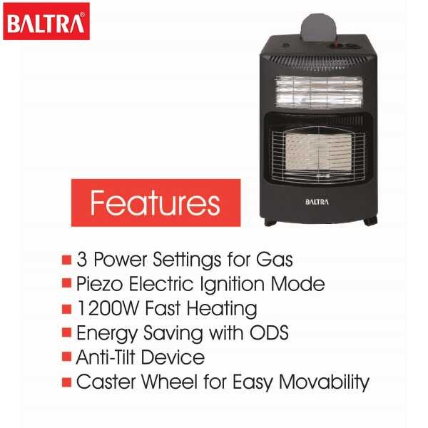 BALTRA Gas & Electric Heater | Cosmic (With Electric) | BTH 110 | 3 power settings for gas | Piezo electric ignition mode | 1200 W fast heating | Energy saving with ODS | Anti tilt device | Casters wheel for easy movability | 12 Month Warranty - Image 2