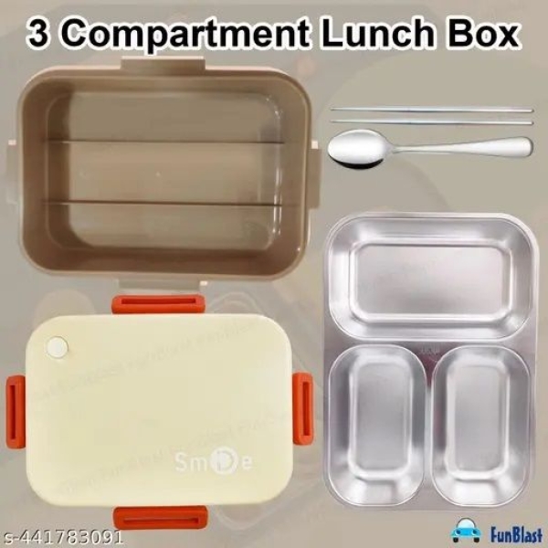Lunch Box 3 Compartment Leak-Proof BPA Free Stainless Steel with Spoon, for School, Lunch Box, Lunch Box for School & Office with a Fork, a Spoon and a Pair of Chopsticks - Image 4