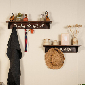Wooden Shelf with Hanger Wall Mounted Bedroom, Bathroom, Living Room Shelves, with Hooks, Kitchen Decor Shelf 2pc