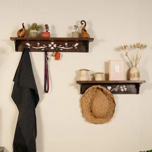 Wooden Shelf with Hanger Wall Mounted Bedroom, Bathroom, Living Room Shelves, with Hooks, Kitchen Decor Shelf 2pc
