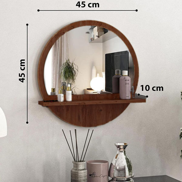 Moon Mirror Shelf Round Decorative Wall Mirror with Wooden Shelf 45 x 45 cm, Hallway Mirror, for Bedroom, Living Room, Home, Bathroom, Easy to Assemble in Walnut Brown - Image 3