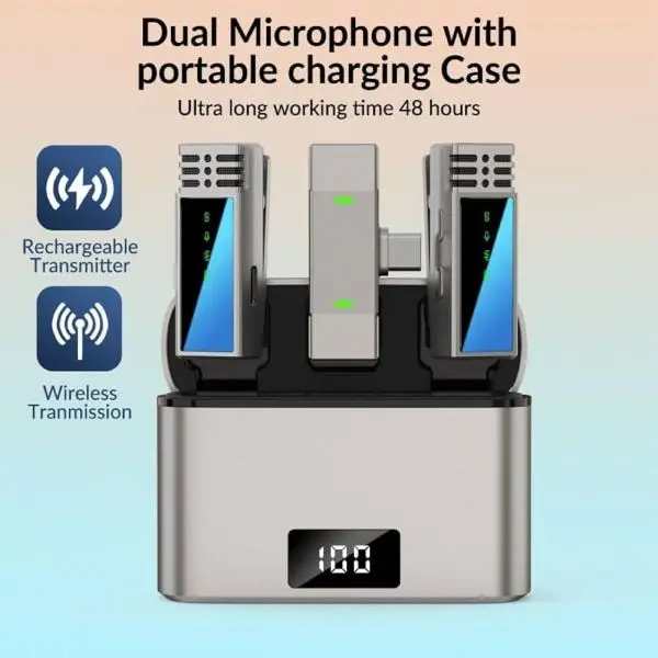 Jmary MW-15 2.4GHz Dual Wireless Microphone For Mobile Available in USB-Cand iOS With Charging Case - Image 3