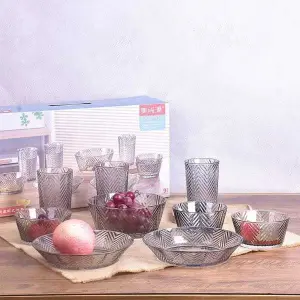 NepLiving Transparent Stripe Glass Bowl and Glasses for Home, Restaurants (850ml*1, 400ml*3, 19.2cm*2, 350ml*3)
